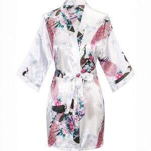 White Short Kimono Robe Bride Satin Floral Wedding Peacock Dressing Gown Sz L
